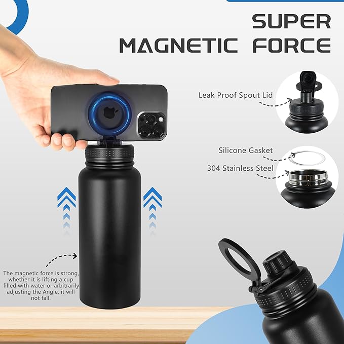 32oz Water Bottle with Magnetic Phone Holder, Stainless Steel Water Bottles Compatible with MagSafe Phone Mount and Tripod for iPhone, Double Walled Insulated tumbler for Gym, Sport