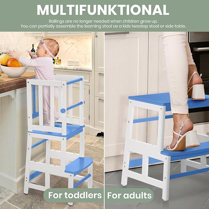 COSYLAND Kids Kitchen Step Stool, Toddler Standing Tower with CPC & FSC Certification, Removable Anti-Drop Railing Safety Rail Enjoys Unique Patented Design A Anti-tip Stable Structure Blue & White