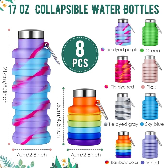 Lallisa 8 Pcs Collapsible Water Bottle Reusable Silicone Foldable Water Bottles 17 oz Portable Lightweight Sports Water Bottle with Carabiner for Gym Hiking Camping Travel (Mixed Colors)