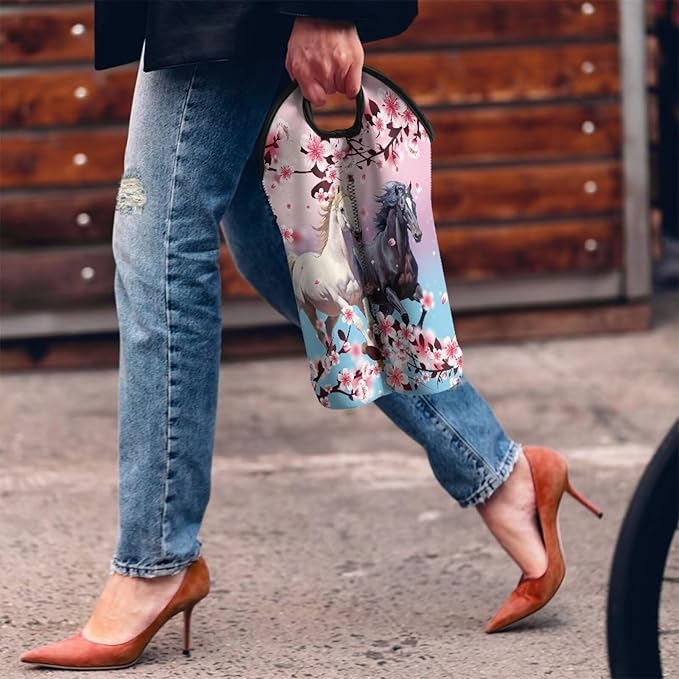 doginthehole Horse Print Wine Tote Neoprene Wine Carrier Bag with Handle Cherry Blossom Wine Bottle Holder Champagne Beer Bottle Sleeve Protective Travel Bag for Birthday, Wedding, Picnic Party