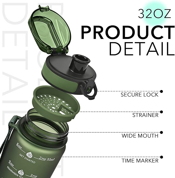 GOSWAG 32oz Motivational Water Bottles with Time Marker and Fruit Strainer, Sports Water Bottle with Times to Drink, Leakproof, Reusable Plastic Bottle with Strap no Straw for Gym, School