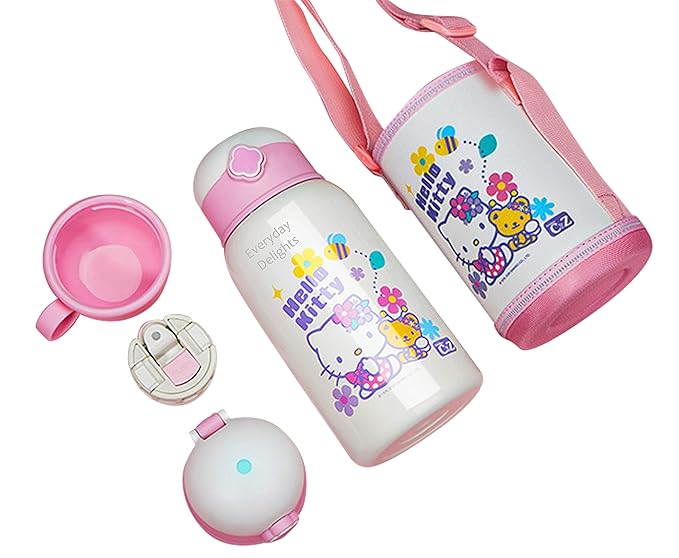 Everyday Delights Sanrio Hello Kitty Stainless Steel Insulated Water Bottle Double Covers with Cup, Straw and Bag White 600ml