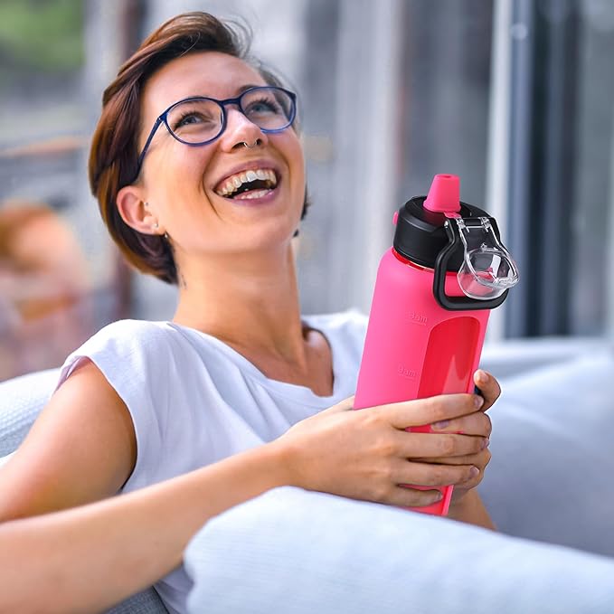 Kodrine 32 oz Glass Water Bottle with Soft Silicone Spout, Locking Lid, and Carry Loop, Rose Red