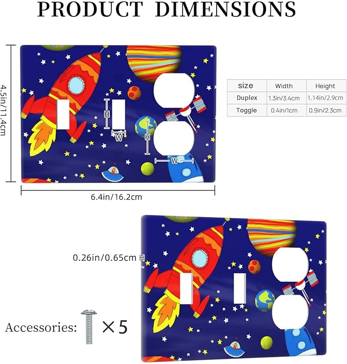 Space Astronaut Combo 2 Toggle 1 Duplex Outlet Light Switch Wall Plate Cover Decorative 3-Gang for Electrical Boys Kids Room Bathroom Bedroom Home Kitchen One Receptacle 4.5" x 6.38"