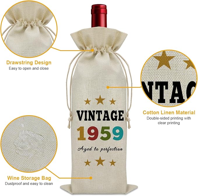 Sazuwu Vintage 1959 Gifts for Women Men Wine Bag Happy 65th Birthday Mom Gifts 65 Year Old Birthday Gifts for Dad Wine Accessories Gifts for Wine Lovers Turning 65 Gifts for Grandma Grandpa