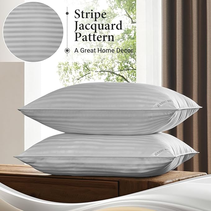 Basic Beyond Standard Size Pillows - Down Alternative Pillows for Sleeping, Soft Pillows Standard Size Set of 2 for Back, Stomach or Side Sleepers, Silver, 20x26 Inches