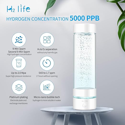 Hydrogen Water Generator, Professional BPA Free Water Bottle 5000PPB Dual Mode Portable Reusable Water Ionizer with SPE and PEM Hydrogen Water Bottle for Sports Hiking Travel Fitness