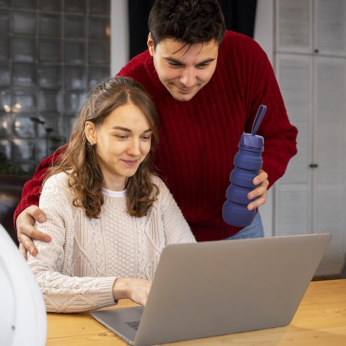 FOLDABLE SILICONE SPORTS WATER BOTTLE BPA FREE FOR WOMEN MEN 550ML CAMPING HIKING OUTDOOR SPORTS DRINKWARE/COLOR BLUE