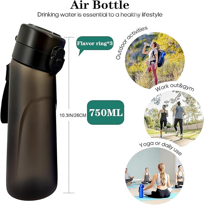 Air Water Bottle,750ML Scent Water Cup with 3 Flavour Pods,Leak Proof Sports Water Cup with Straw Suitable for Outdoor Sports,Gifts From Friends, Birthday Gifts (New Black + 3pods)