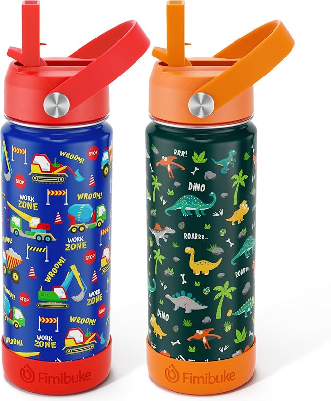 Fimibuke Kids Insulated Water Bottle - 18oz BPA-FREE Kids Cups with Straw Double Wall Vacuum Tumbler 18/8 Stainless Steel Leak Proof Toddler Water Bottle for School Boys Girls (2 Pack, Dinosaur/Truck)