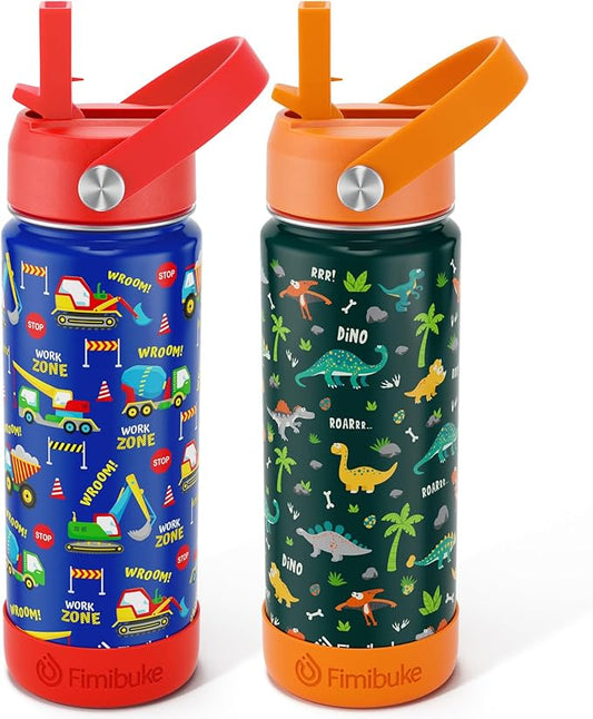 Fimibuke Kids Insulated Water Bottle - 18oz BPA-FREE Kids Cups with Straw Double Wall Vacuum Tumbler 18/8 Stainless Steel Leak Proof Toddler Water Bottle for School Boys Girls (2 Pack, Dinosaur/Truck)