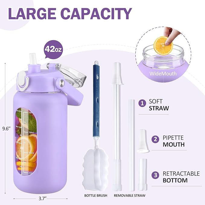 kytffu 42oz Glass Water Bottles with Straw, Motivational Glass Bottle with Silicone Sleeve and Time Marker, Leakproof Large Glass Water Jug for Gym Home Office,Purple
