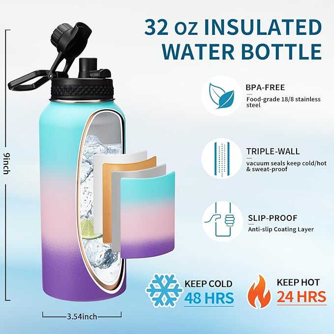 32 40/64/128 oz Flask Water Bottles Insulated - with Straw Auto Spout Lid, Water Bottle Stainless Steel Keep Cold 48H Hot 24H, Metal Water Bottle with Strap, Paracord Handle, Protective Boot