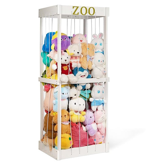 Trycooling Stuffed Animal Zoo Stuffed Animal Storage Wood Plushie Storage Stuffed Animals Zoo Storage Cage with Zoo Pattern Elastic Band for Nursery Play Room Bedroom
