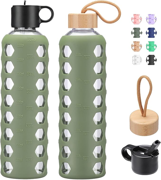 MUKOKO Glass Water Bottles, 32oz Glass Tumbler, Drinking Bottles with 2 Lids-Handle Flip Straw Lid&Bamboo Lid, Motivational Water Bottle with Time Marker and Silicone Sleeve, Leakproof-1 Pack-Olive