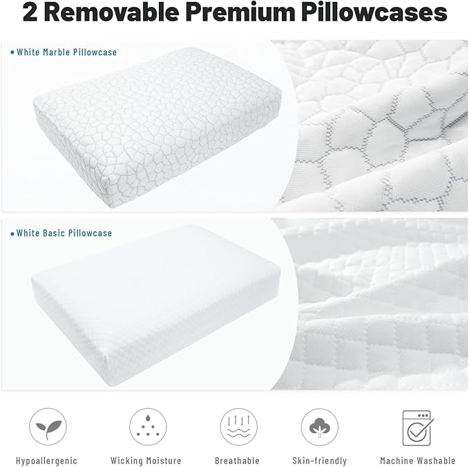 Cervical Neck Thin Pillow Flat Firm Memory Foam Adjustable Pillows from 1.3 to 5.2inch for Stomach Side Back Sleeper with 2 Pillowcases (White+Basics)