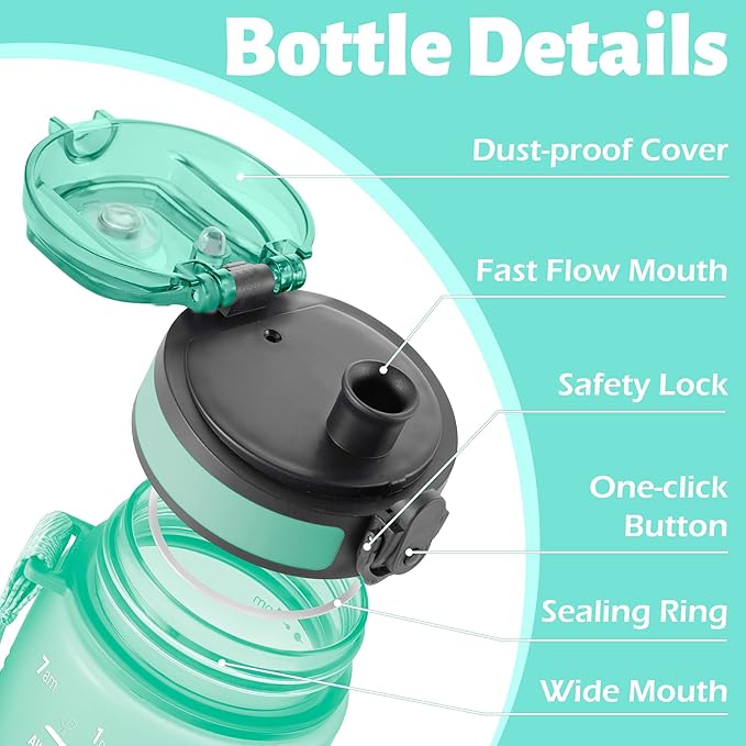 OLDLEY 25 oz Water Bottle, Motivational Water Bottle with Time Marker, Sports Water Bottle With Strap, Leakproof & BPA Free Large Water Bottles for School, Gym, Travel, Outdoor, Tritan,Green&Pink