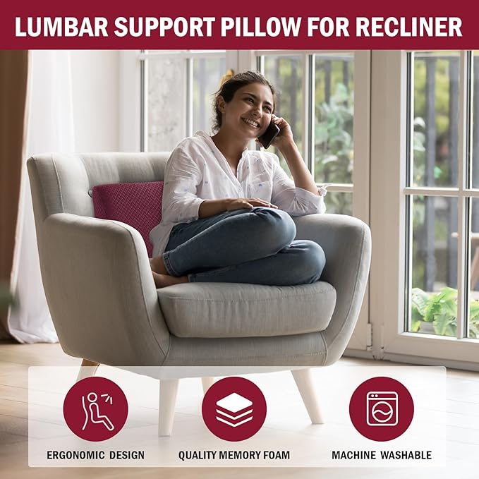 MABOZOO Memory Foam Back Support Cushion for Recliner Chair,Lumbar Support Pillow for Elderly,Extra Large Lumbar Support Pillow with Extension Straps,Wine Red