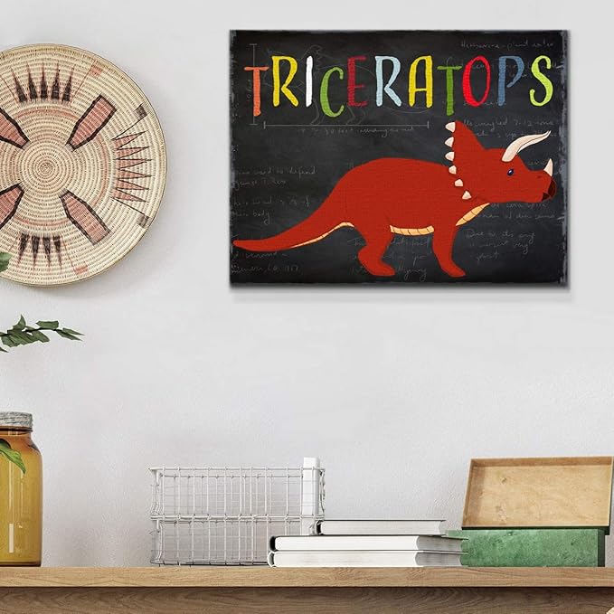 Renditions Gallery Canvas Animal Wall Art Modern Decorations Paintings Colorful Playful Triceratops Vibrant Dinosaur Canvas Wall Hanging Artwork for Kids Bedroom Nursery - 8"x12" LT33