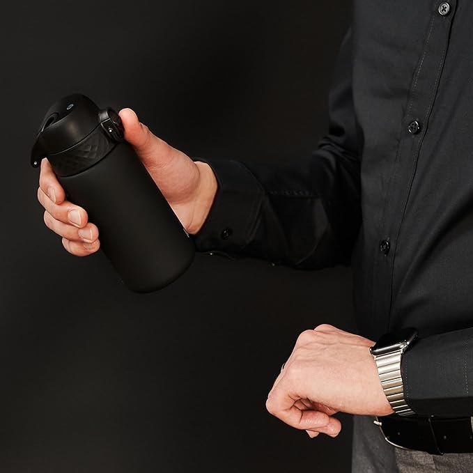 Ion8 Small Water Bottle, 350 ml/12 oz, Leak Proof, Easy to Open, Secure Lock, Dishwasher Safe, BPA Free, Carry Handle, Hygienic Flip Cover, Easy Clean, Odor Free, Carbon Neutral, Black