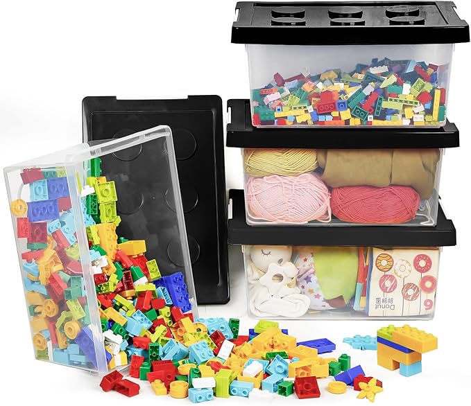 loobuu Toy Storage Organizer Bins with Lid - Stackable Plastic Organizer Box Set of 4, Kids Toy Chests with Compatible Building Baseplate and Lid, Storage Container for Building Bricks & Toys-Black