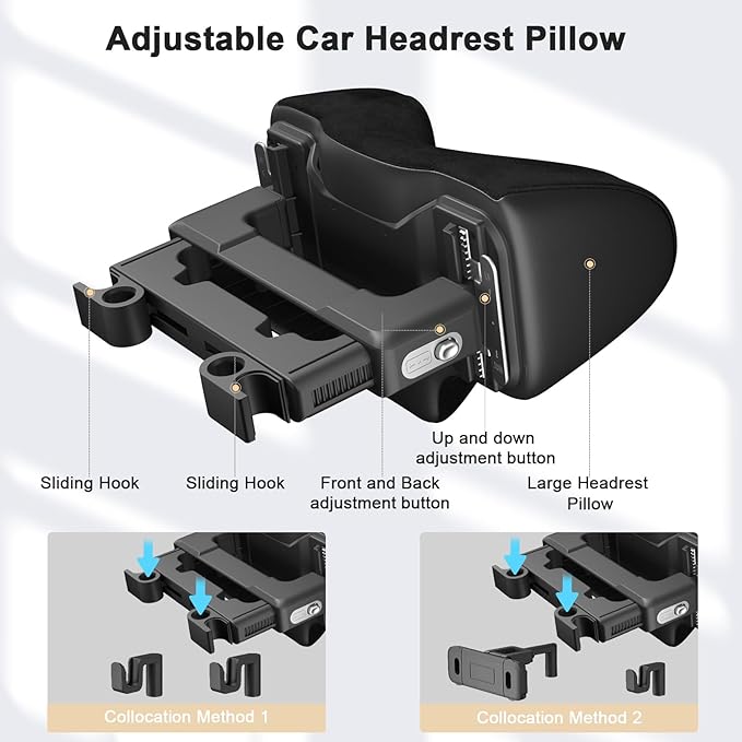 Car Headrest Pillow 2 Pack Car Neck Pillow for Driving Seat Head Support Memory Foam Auto Car Pillow Neck Adjustable Support for Front Seat Fit for Different Heights, with Hook, Tablet Holder