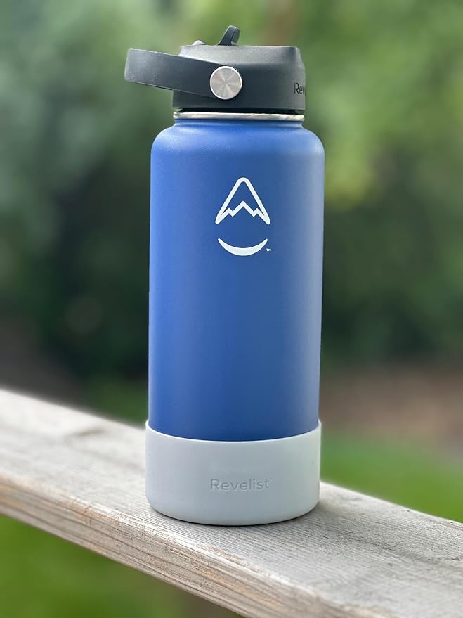 Revelist Sports Water Bottle - 32 Oz, 3 Lids (Straw Lid, Spout & Screw Top) with Boot, Vacuum Insulated Stainless Steel, Double Walled, Reusable Water Flask, Metal Canteen - Blue & White