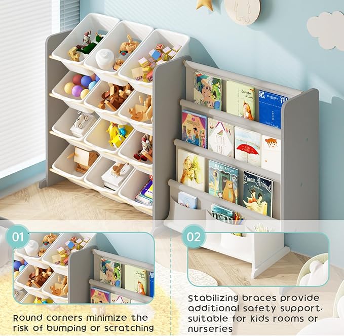 Kids Toy Storage Organizer - Toy Organizer with Kids Bookshelf, Toy Storage with 12 Toy White Bins and 4 Book Shelves, Toy Organizers and Storage for Playroom, Nursery, Kids Room, Grey