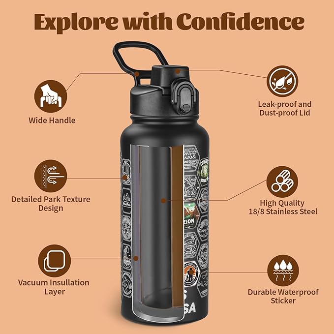 National Parks Water Bottle with Stickers and Straw,32oz Double Wall Vacuum Wide Mouth Insulated Water Bottle for Travel,BPA-free and Leak-proof (32oz,Black)