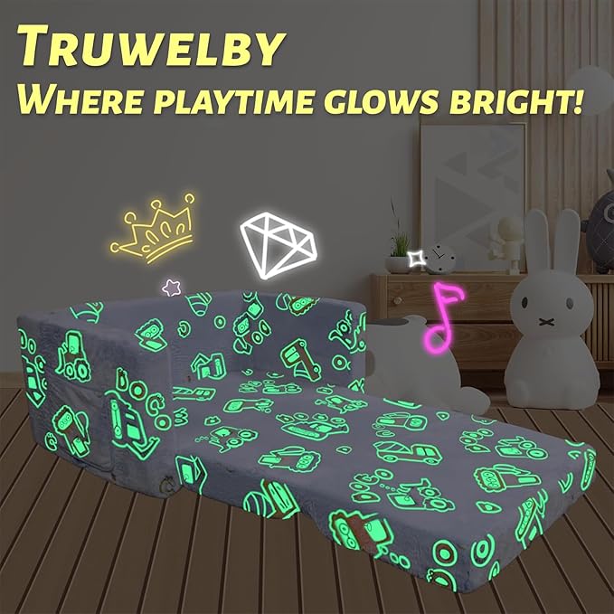 Kids Sofa, Glow in The Dark Toddler Chairs Children's 2 in 1 Convertible Sofa to Lounger - Extra Soft Flip Open Chair & Sleeper, Toddler Couch Chair, Sofa Bed for Boys Girls