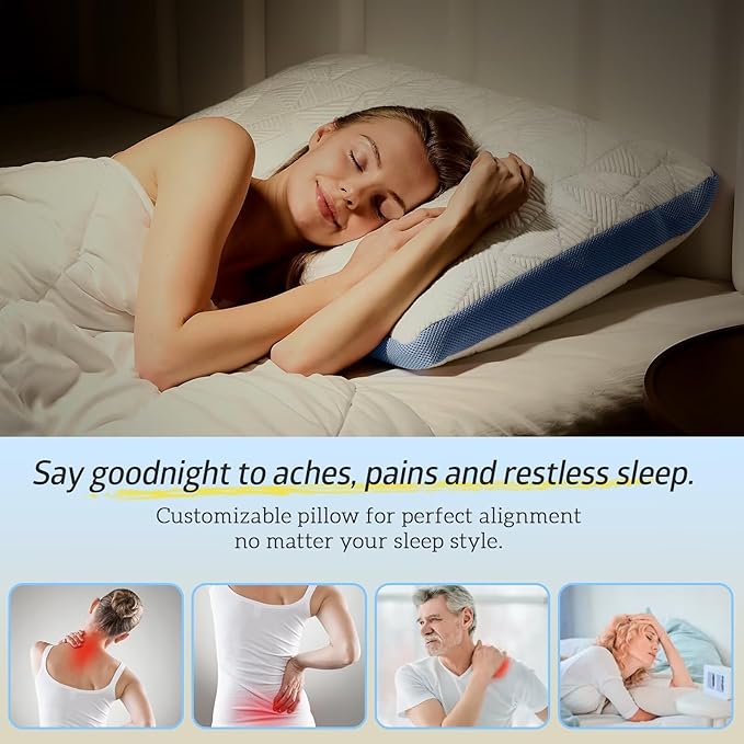 BETU Cooling King Pillow, Shredded Memory Foam Cool Pillow for Hot Sleepers, Adjustable Firm Soft Support Bed Pillows Perfect for Back Neck Pain and Side Sleeping with Pillow Case Cover, Blue