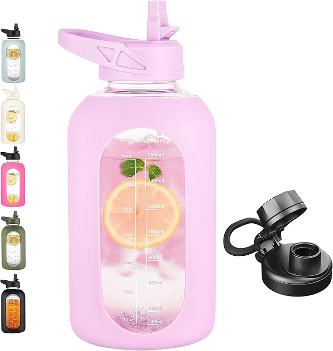 CIVAGO 64 oz Glass Water Bottle Jug with Straw and Handle, Half Gallon Sports Motivational Water Bottle with Time Marker, Wide Mouth Water Flask Canteen with Silicone Sleeve for Gym, Lavender