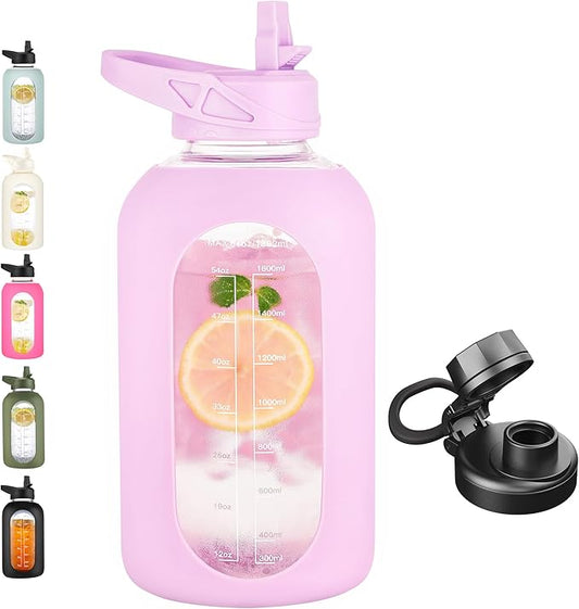 CIVAGO 64 oz Glass Water Bottle Jug with Straw and Handle, Half Gallon Sports Motivational Water Bottle with Time Marker, Wide Mouth Water Flask Canteen with Silicone Sleeve for Gym, Lavender