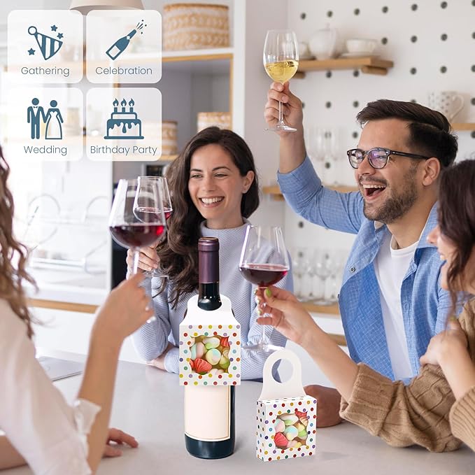 ISKYBOB 20PCS Wine Bottle Box with Window, Kraft Paper Wine Boxes for Gifts Hanging Treat Box Mini Charcuterie Candy Boxes Wine Champagne Bottles Gift Box Goodie Bags for Birthday Party, Colorful Dots