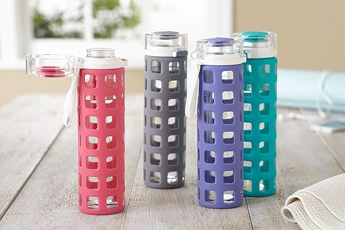 Ello Syndicate Glass Water Bottle with One-Touch Flip Lid and Protective Silicone Sleeve and Carry Loop, BPA Free, Dishwasher Safe,20oz
