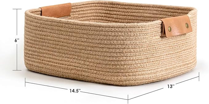CHICVITA Rectangle Jute Rope Woven Basket with Handles for Books, Magazines, Toys - Decorative Rectangle Basket for Baby Nursery, Living Room, Bathroom