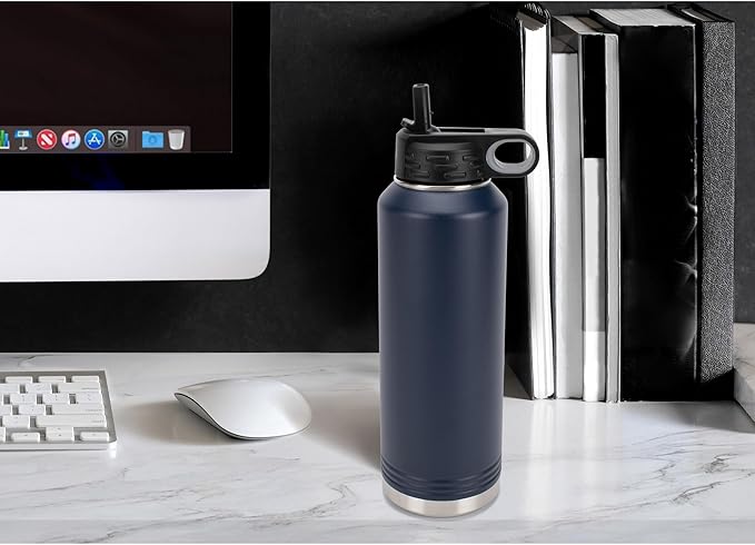 Elanze Designs Dog Dad Pawprint Navy Blue 32 ounce Stainless Steel Water Bottle With Straw