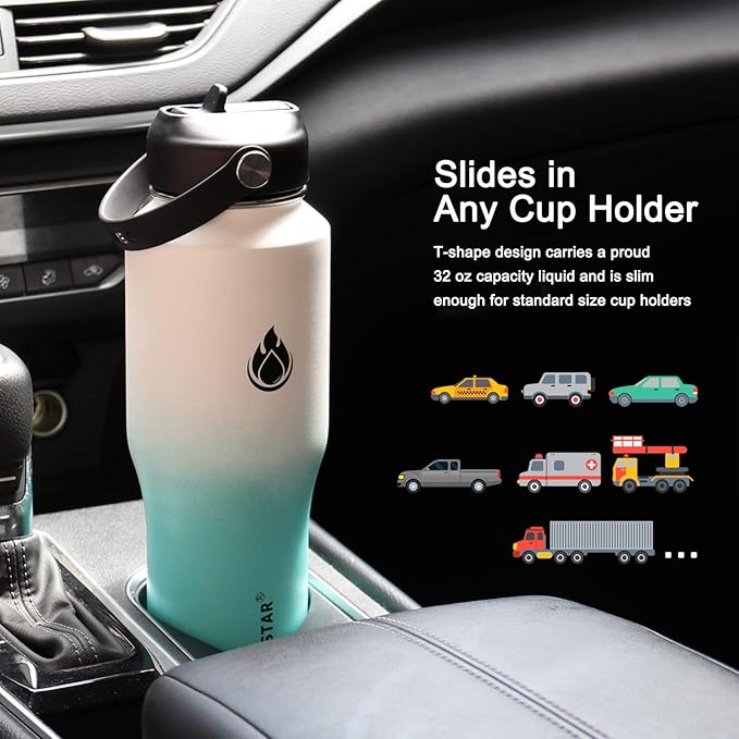 SENDESTAR Water Bottle 32oz,2 Lids(Straw lid),Wide Mouth Stainless Steel Vacuum Insulated Double Wall Keep Liquids Cold or Hot All Day,Sweat Proof Sport Design,Fit Car Cup Holder(White&Tiffany)