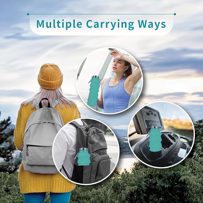 Collapsible Water Bottles 17oz, Odorless BPA-Free Silicone, Leak-Proof Foldable Reusable Bottle - Perfect for Travel Sports Gym Hiking Camping Cycling - Turquoise