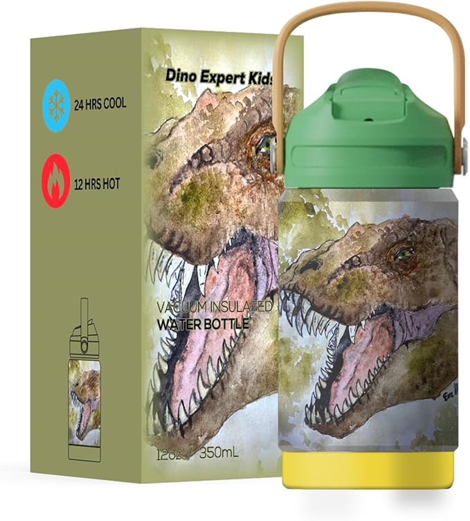 Dinosaur Expert Kids water bottle for girls and boys with unique T-Rex design BPA free Double wall Flask insulated stainless Steel for Dinosaur lovers Christmas Birthday gifts for Dinosaur lovers