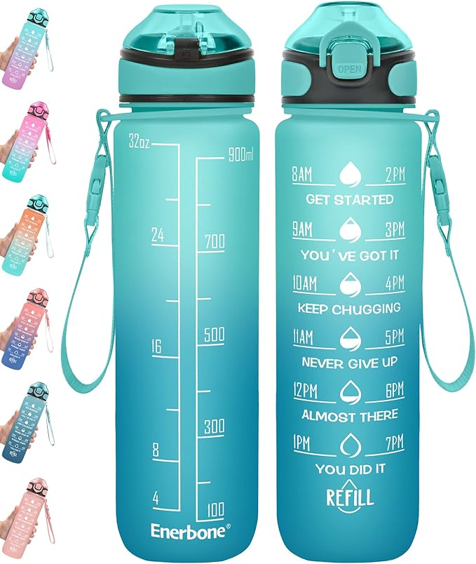 Enerbone 32 oz Drinking Water Bottle with Times to Drink and Straw, Motivational with Carrying Strap, Leakproof BPA & Toxic Free, Ensure You Drink Enough Water for Fitness Gym Outdoor