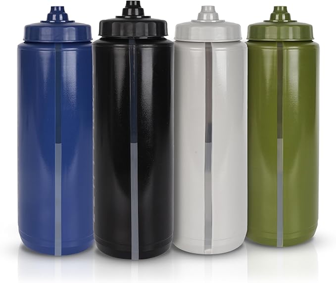 4 Pack Mix 32oz Squeeze Water Bottles - Sports Water Bottles For Football, Hockey, Athletics - Reusable Squirt Bottle Set, BPA-Free, Perfect for Gym, Travel, Bike & Cycling Water Bottle