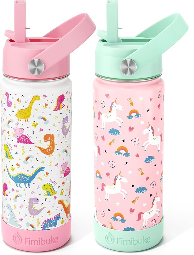 Fimibuke Kids Insulated Water Bottle - 18oz BPA-FREE Kid Cup with Straw Double Wall Vacuum Tumbler 18/8 Stainless Steel Leak Proof Toddler Water Bottle for School Boys Girls (2 Pack, Unicorn/Dinosaur)