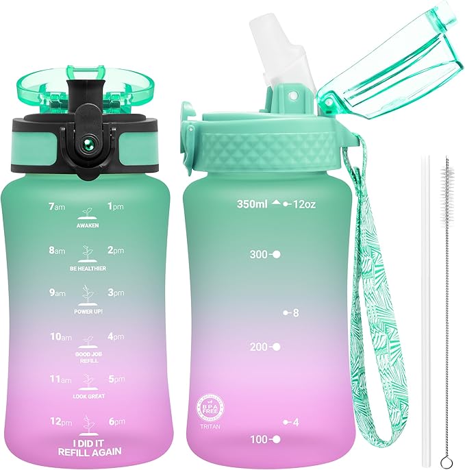 OLDLEY Kids Water Bottle for School, 12 oz (2 lids) BPA-Free Reusable Leak-proof Durable Tritan Plastic Water Bottles with Straw & Chug Lids, Anti-dust Spout Cover (Green Purple)