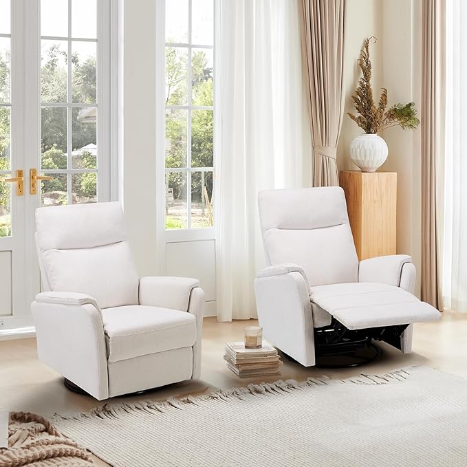 Swivel Rocking Recliner Glider Chair, Upholstered Fabric Reclining Rocker Chair with Footrest for Living Room, Nursery, Office, Bedroom, Ergonomic High Backrest, Wide Seat Cushion and Metal Base-White