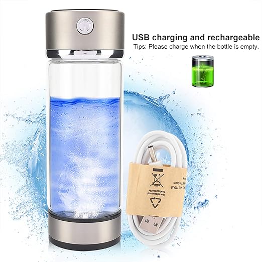 Hydrogen Water Bottle, Portable Hydrogen Rich Water Cup, USB Charging Rich Hydrogen Water Purifier Filter Glass Bottle Portable Lonizer Cup, Hydrogen Rich Water Glass Health Cup (Silvery)
