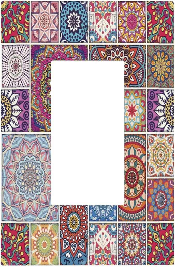 Morocco Talavera Mexican Tiles Printed Colroful Mandala 1 Gang Rocker Light Switch Covers Single Decora Outlet Wall Plate Decorative Switchplate Faceplate GFCI for Kitchen Bathroom Bedroom Decor