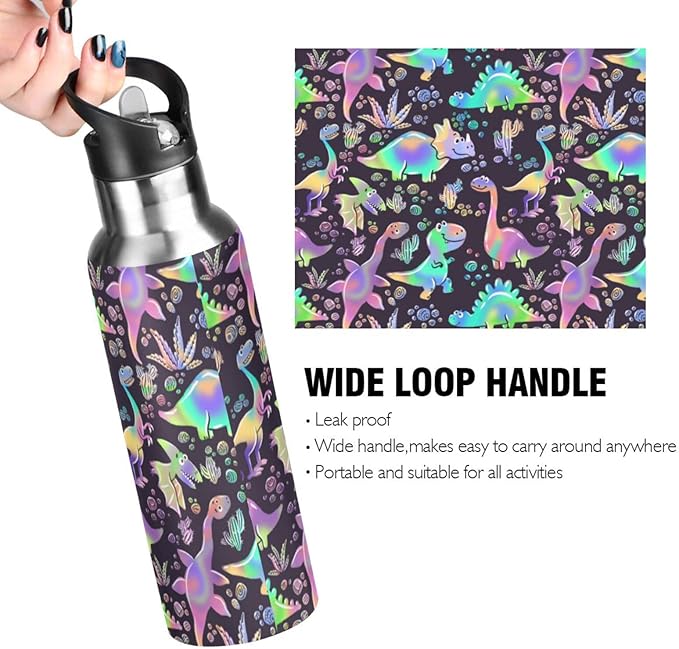 senya 20 Oz Water Bottle with Straw Rainbow Dinosaurs Stainless Steel Water Bottle for Traveling Sports Leakproof Insulated Water Bottle