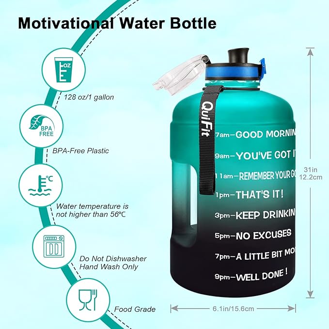 QuiFit Motivational Gallon Water Bottle - with Time Marker & Infuser & Flip Top Leak-Proof Reusable Water Jug for Fitness Outdoor Sports Enthusiasts BPA Free (A8-Green/Black Gradient, 1 Gallon)