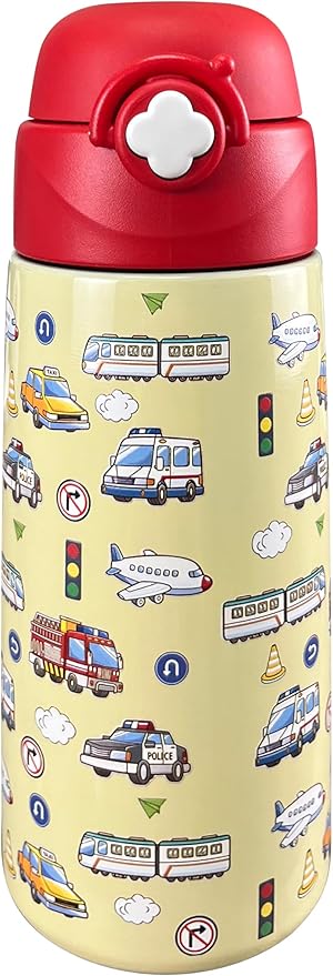 Kids Insulated Water Bottle with Covered Pop-Up Straw,16oz Kids Cups with Stainless Steel Leak Proof for School Boys Girls（Vehicle）